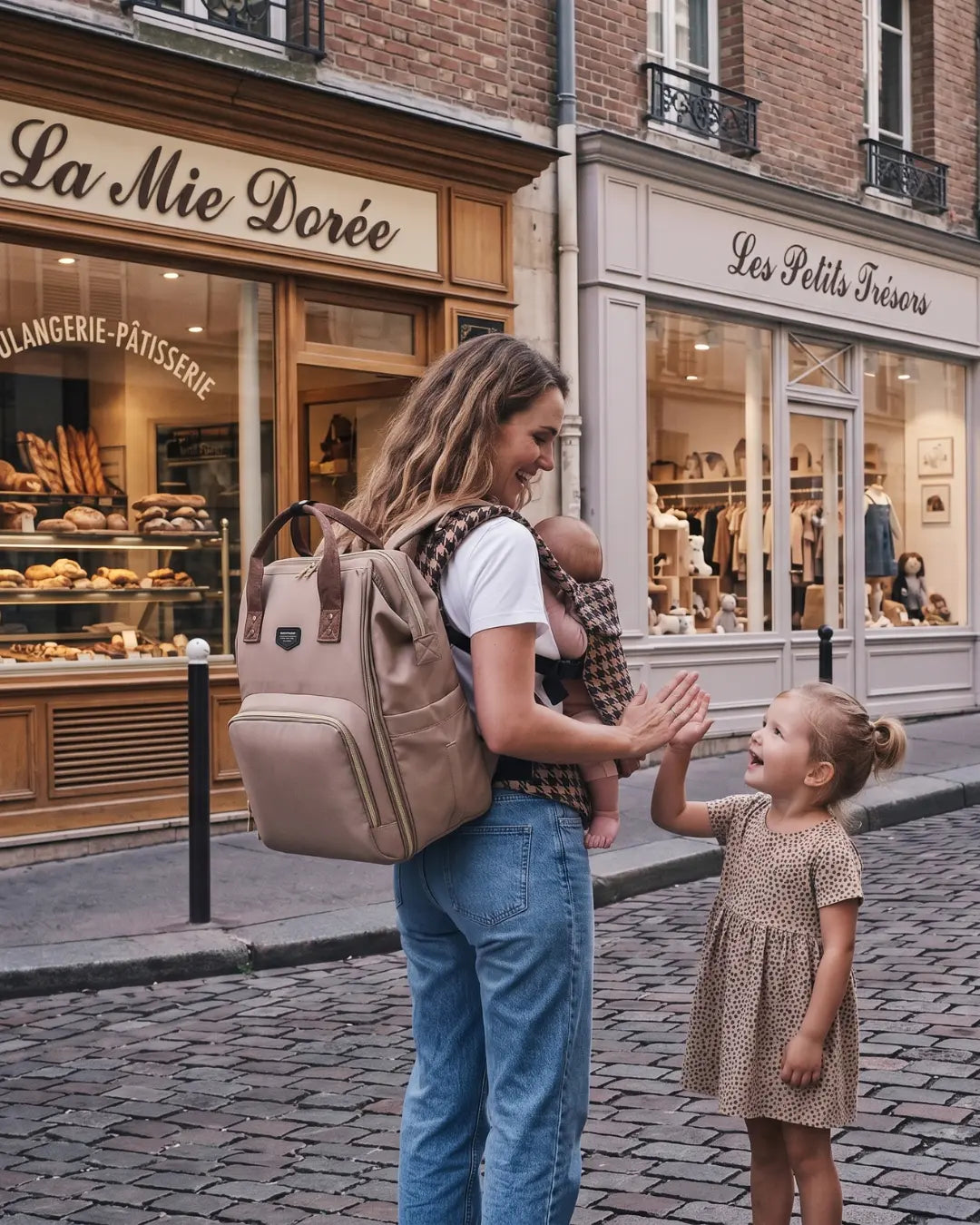Pack maternité Tribu en balade : maman élégante avec sac à langer Moka et porte-bébé ergonomique HarmoBaby, style et confort pour les aventures en famille.