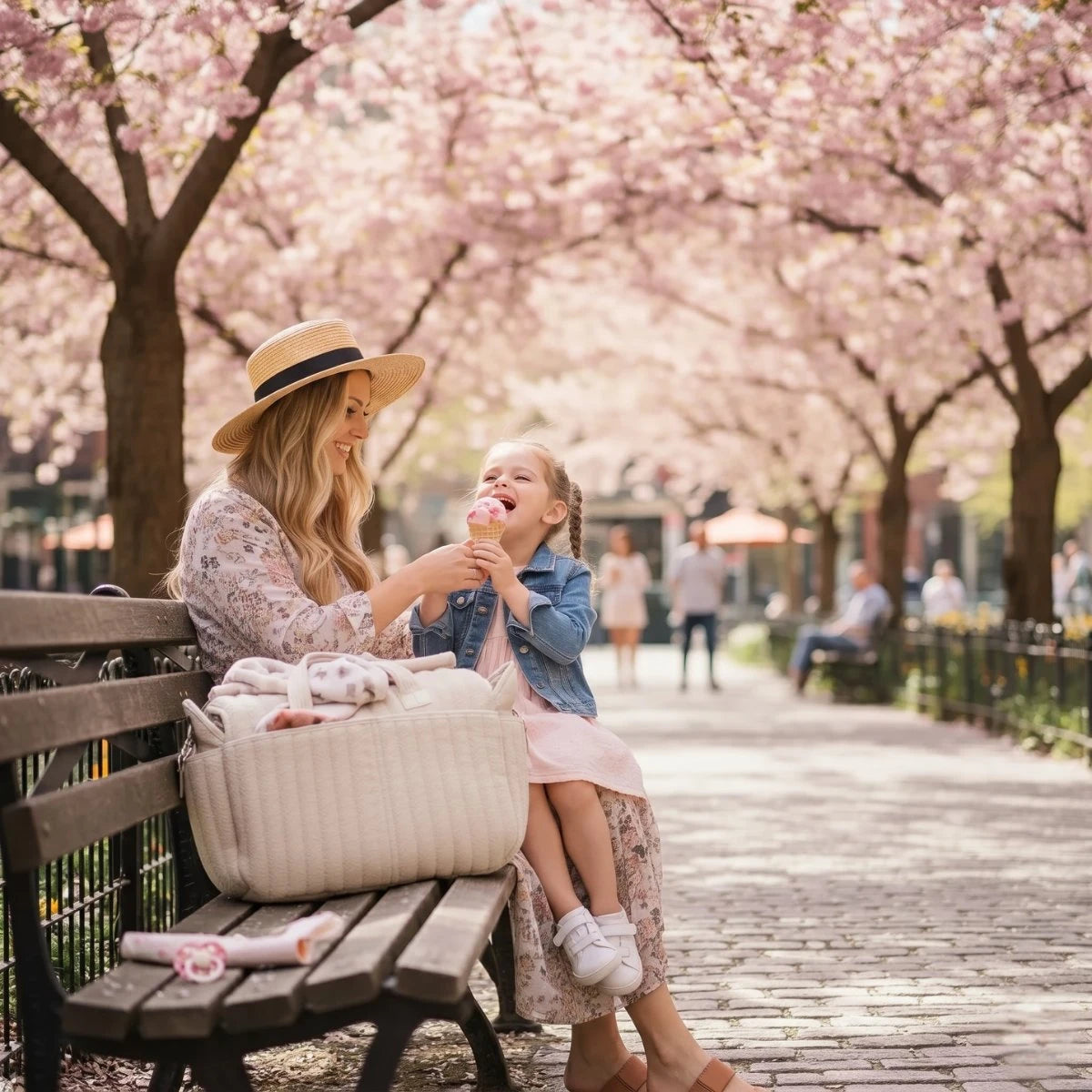 Maman et sa petite fille partageant une glace sur un banc de parc sous les cerisiers en fleurs avec le sac à langer CozyTote posé à côté.