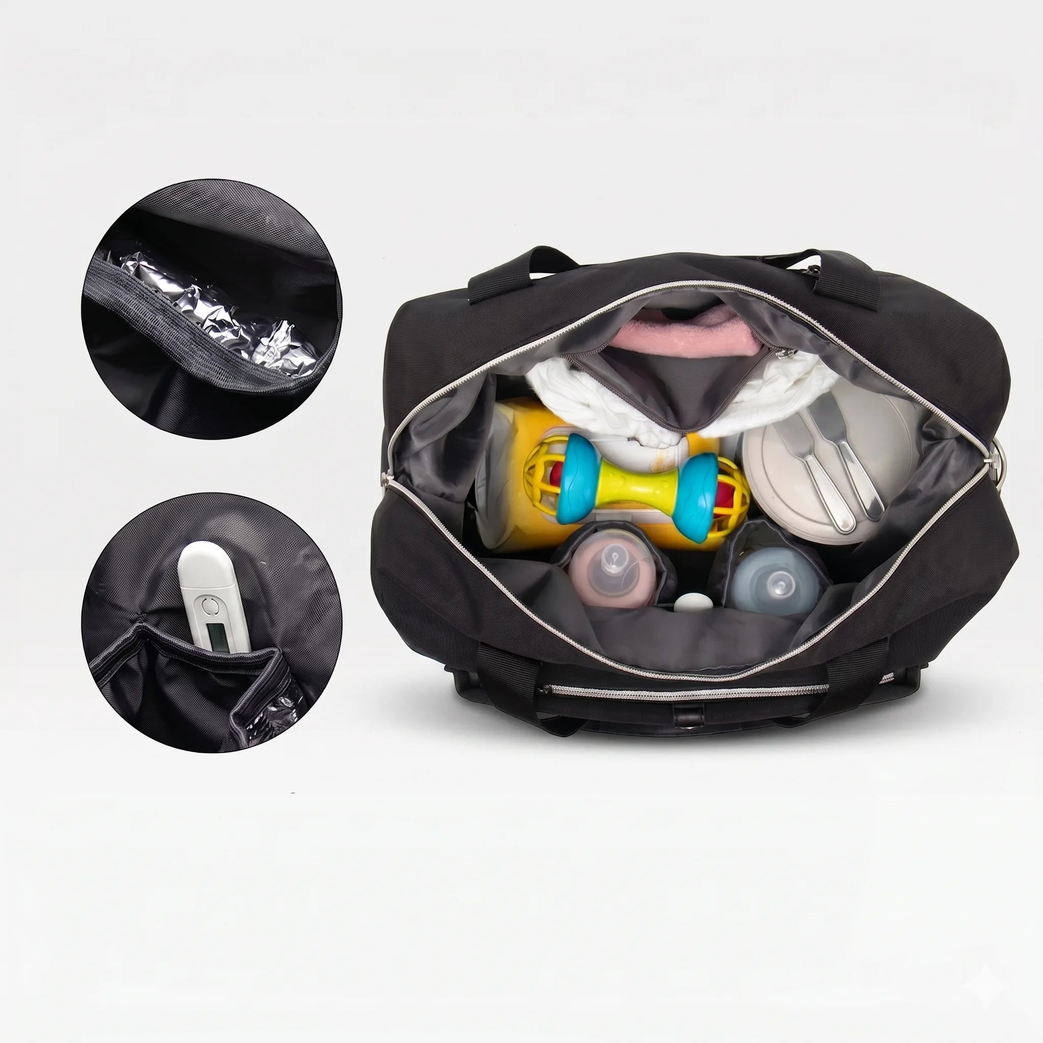 Intérieur organisé du sac à langer MoodPack montrant les poches isothermes dédiées aux repas de bébé et aux lunch bags