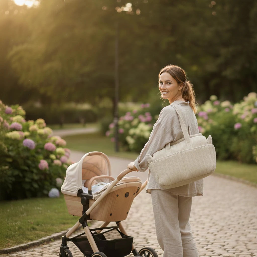 Une maman au style européen avec une tresse, vêtue d'une robe longue beige, portant son bébé dans un porte-bébé et arborant le grand sac à langer assorti dans un parc verdoyant et ensoleillé.