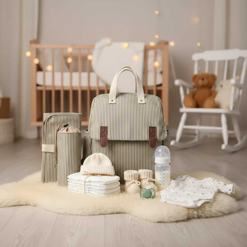 Sac à langer multiporté avec bandoulière et bretelles, accompagné d’un tapis à langer et d’une sacoche isotherme assortie