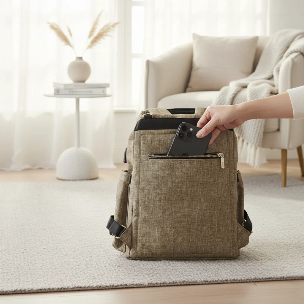 Sac à langer en toile canvas, 37x32x21 cm, grande capacité, 0,8 kg, facile à nettoyer avec un chiffon microfibre humide marron avec rangement