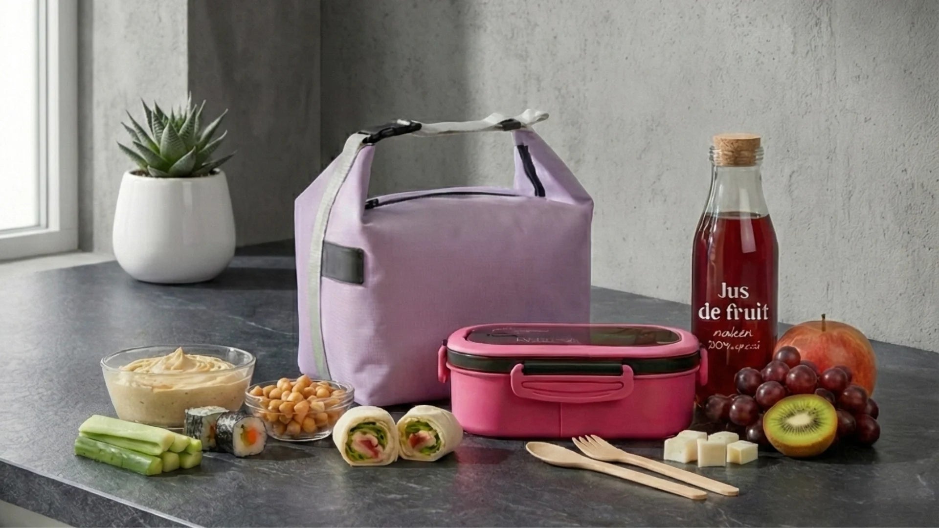 Set repas complet Goodnvibes comprenant un sac isotherme violet, une lunch box rose hermétique et des couverts en bois pour un déjeuner nomade zéro déchet