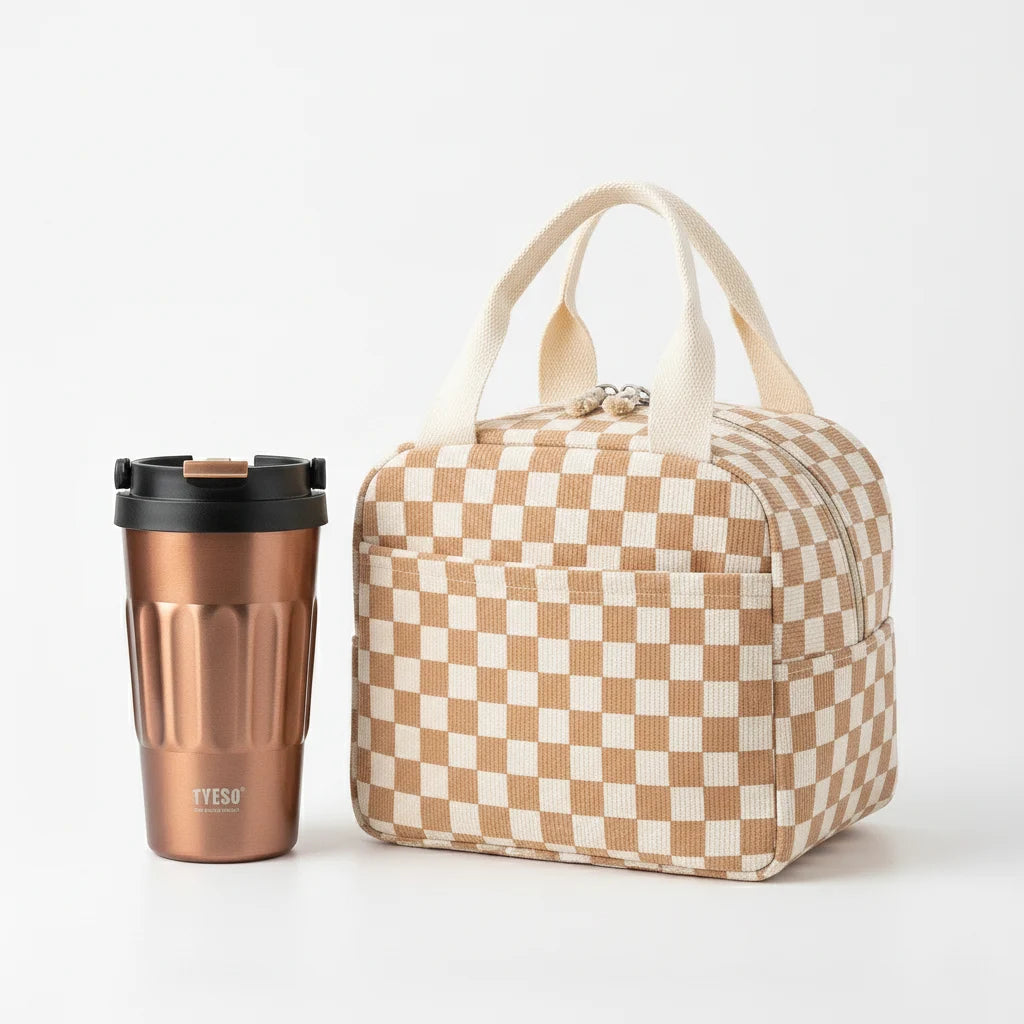 Pack Goodn'Daily duo lunch bag isotherme motif carreaux et mug inox 500ml