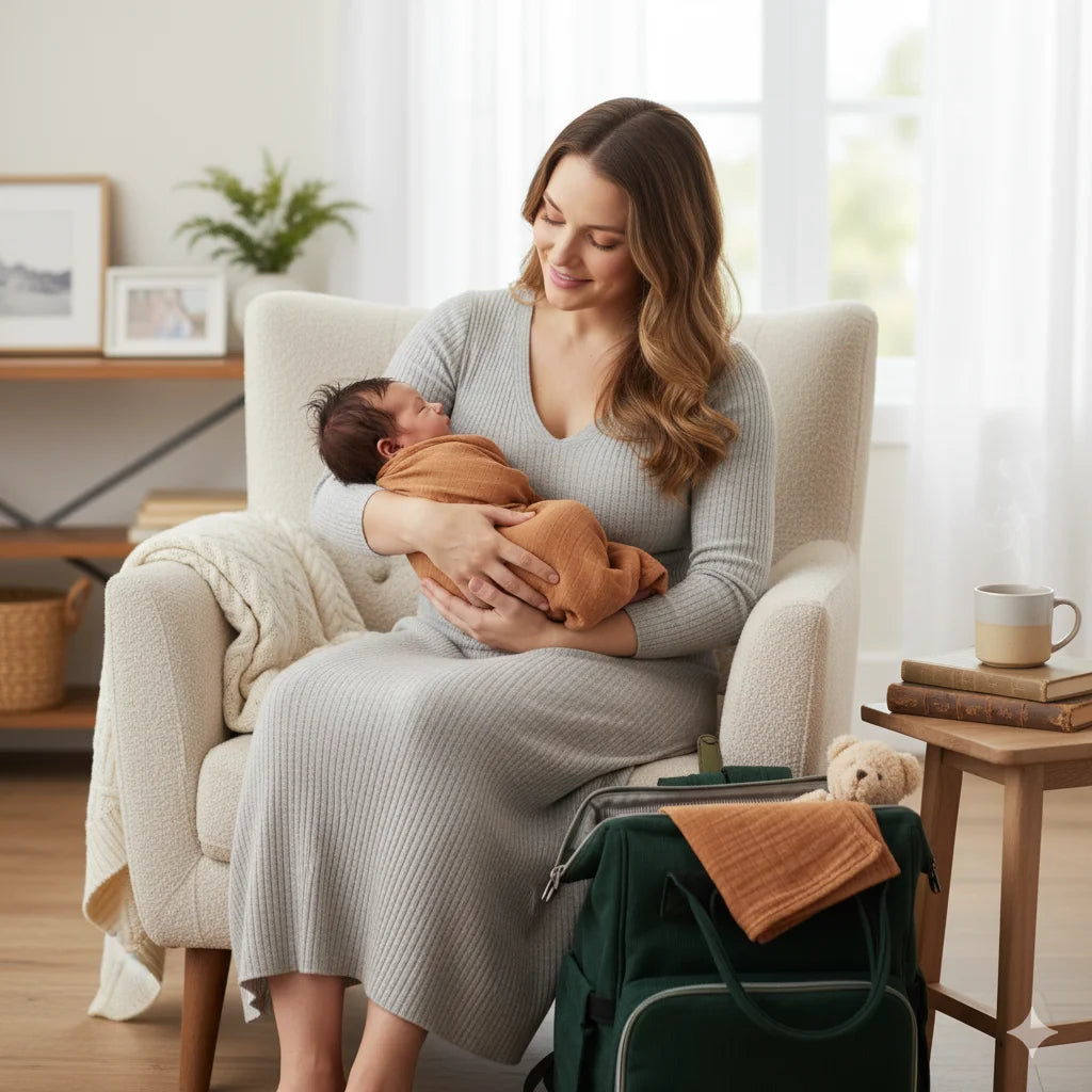 Moment tendre entre une maman et son bébé, dans l’univers doux et nomade de Goodnvibes