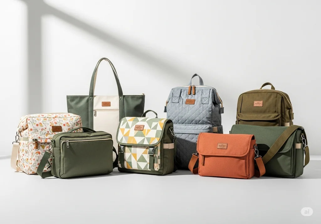 Sac à langer bébé pratique et moderne porté par une maman, idéal pour les déplacements quotidiens

